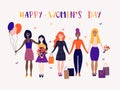 Happy women`s day illustration. Funny holiday happy smiling women with flowers